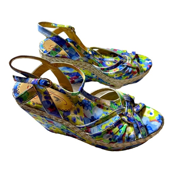 Poetic Licence Blue Silver "Arm Candy" Floral Watercolor Wedges Sandals size9.5” - Picture 5 of 10